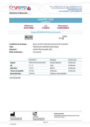Certificate of analysis pNAPEP-1902 Chromogenic Substrate for plasma kallikrein